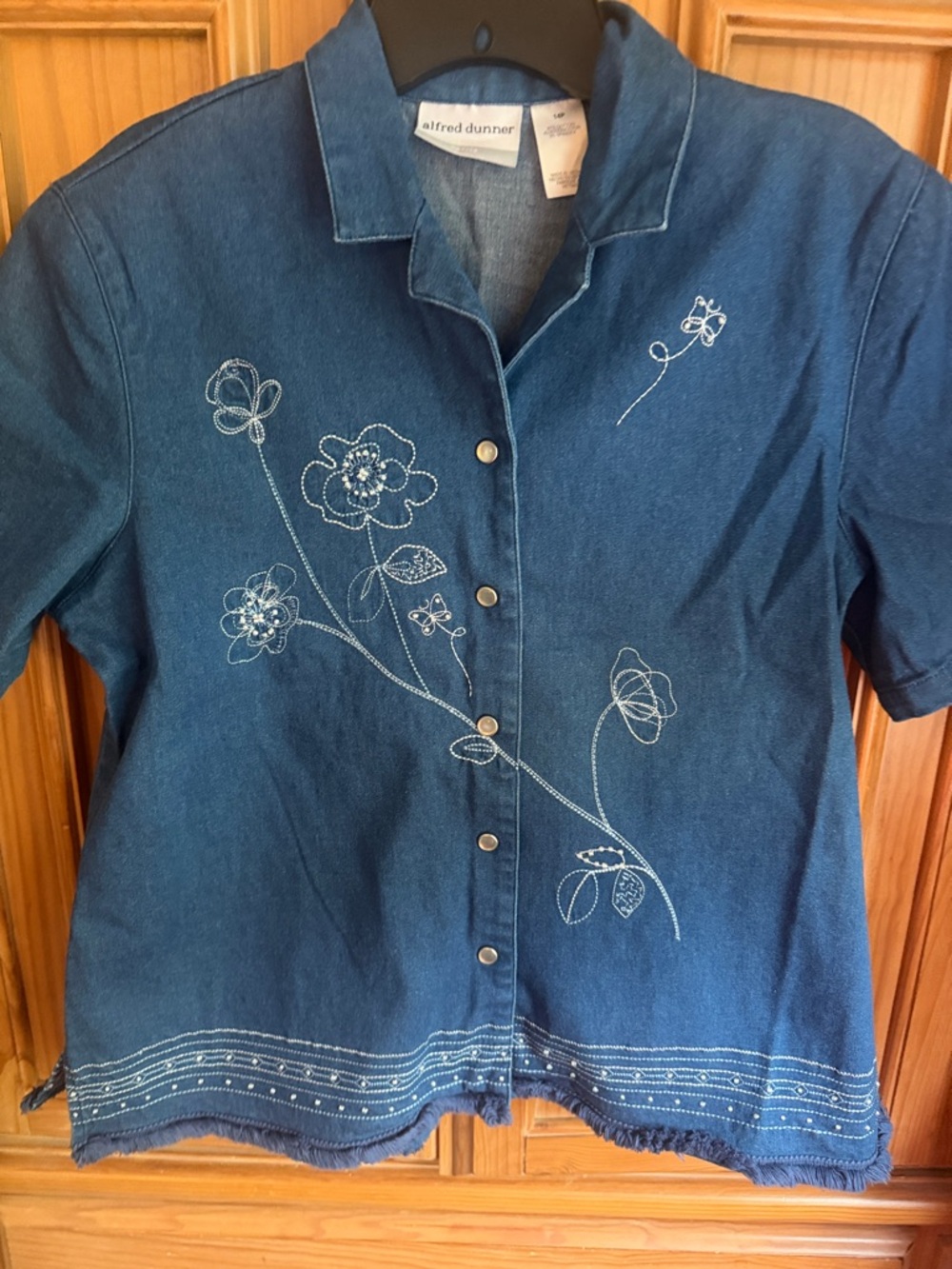 Alfred Dunner Dark Blue Embroidered Denim Button-Up Top